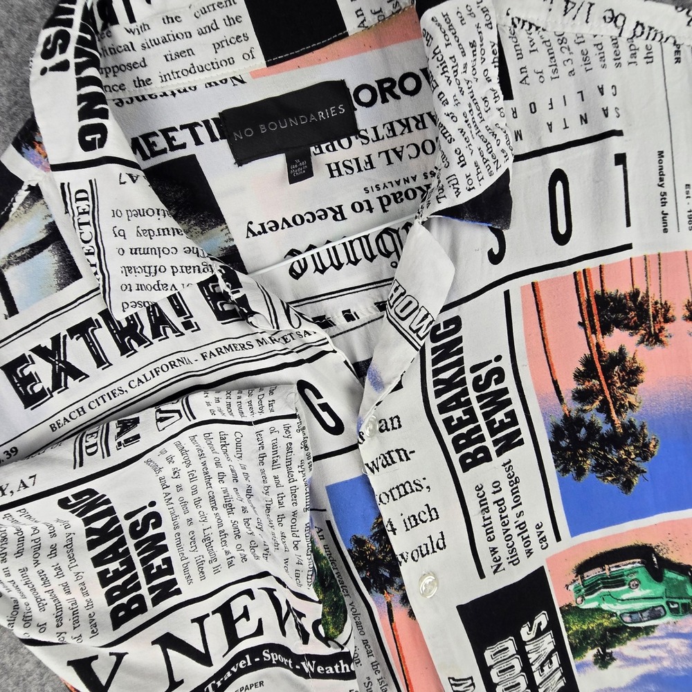 No Boundaries Newspaper Shirt Mens XL White Tropical Graphic Button Up